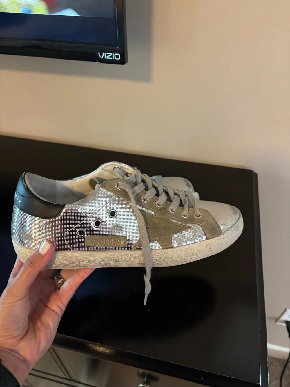 Golden Goose Metallic Silver Low-Top Sneakers with Tan Star